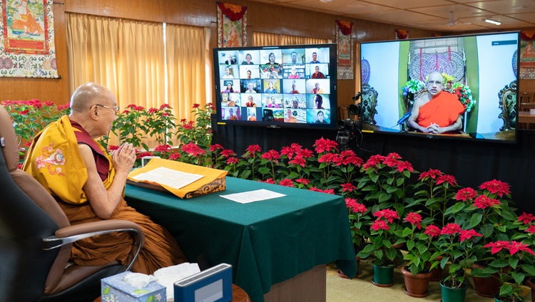 Most Venerable Narampanawe Ananda Nayaka Thero, Chief Abbot of the Asgiriya Maha Piriwena, Kandy, Sri Lanka delivering the closing remarks at the conclusion of His Holiness the Dalai Lama's two day teaching online from his residence in Dharamsala, HP, India on December 18, 2021. Photo by Ven Tenzin Jamphel Most Venerable Narampanawe Ananda Nayaka Thero, Chief Abbot of the Asgiriya Maha Piriwena, Kandy, Sri Lanka delivering the closing remarks at the conclusion of His Holiness the Dalai Lama's two day teaching online from his residence in Dharamsala, HP, India on December 18, 2021. Photo by Ven Tenzin Jamphel