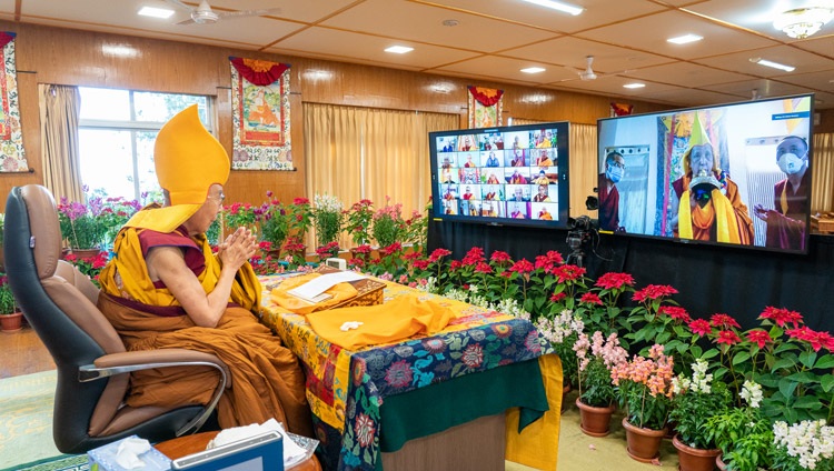 Ganden Tri Rinpoché at his residence in Sera Jé Monastery in Bylakuppe, South India, offering a mandala of the universe and representations of the body, speech and mind of enlightenment to His Holiness the Dalai Lama at the start of teachings on December 29, 2021. Photo by Ven Tenzin Jamphel Ganden Tri Rinpoché at his residence in Sera Jé Monastery in Bylakuppe, South India, offering a mandala of the universe and representations of the body, speech and mind of enlightenment to His Holiness the Dalai Lama at the start of teachings on December 29, 2021. Photo by Ven Tenzin Jamphel