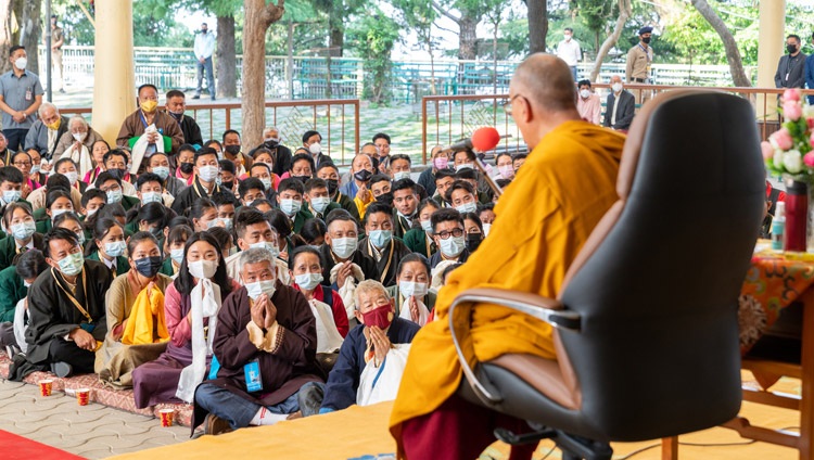 His Holiness the Dalai Lama addressing the participants of the 25th Sho-tön Opera Festival and members of the Umaylam (Middle Way Approach) Association in the courtyard of the Main Tibetan Temple in Dharamsala, HP, India on April 7, 2022. Photo by Tenzin Choejor His Holiness the Dalai Lama addressing the participants of the 25th Sho-tön Opera Festival and members of the Umaylam (Middle Way Approach) Association in the courtyard of the Main Tibetan Temple in Dharamsala, HP, India on April 7, 2022. Photo by Tenzin Choejor