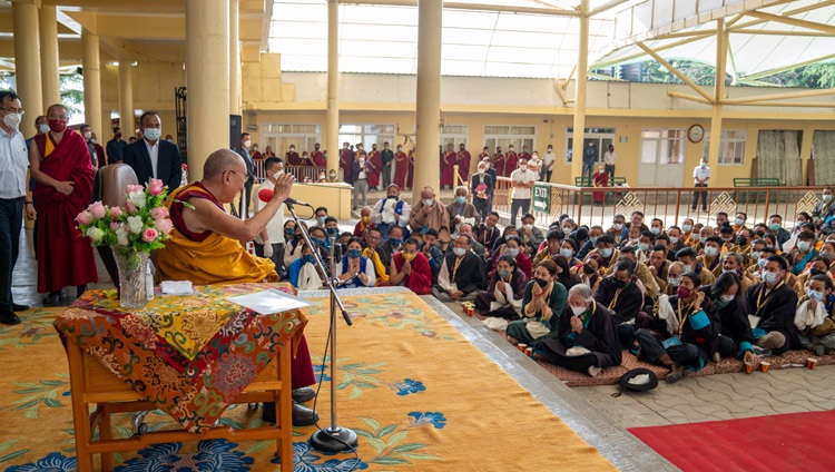 His Holiness the Dalai Lama speaking at the conclusion of his meeting with participants of the 25th Sho-tön Opera Festival and members of the Umaylam (Middle Way Approach) Association in the courtyard of the Main Tibetan Temple in Dharamsala, HP, India on April 7, 2022. Photo by Tenzin Choejor His Holiness the Dalai Lama speaking at the conclusion of his meeting with participants of the 25th Sho-tön Opera Festival and members of the Umaylam (Middle Way Approach) Association in the courtyard of the Main Tibetan Temple in Dharamsala, HP, India on April 7, 2022. Photo by Tenzin Choejor