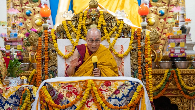 His Holiness the Dalai Lama addressing the gathering at the Main Tibetan Temple during the Long Life Offering presented by members of the Sakya Tradition of Tibetan Buddhism in Dharamsala, HP, India on May 25, 2022. Photo by Tenzin Choejor His Holiness the Dalai Lama addressing the gathering at the Main Tibetan Temple during the Long Life Offering presented by members of the Sakya Tradition of Tibetan Buddhism in Dharamsala, HP, India on May 25, 2022. Photo by Tenzin Choejor
