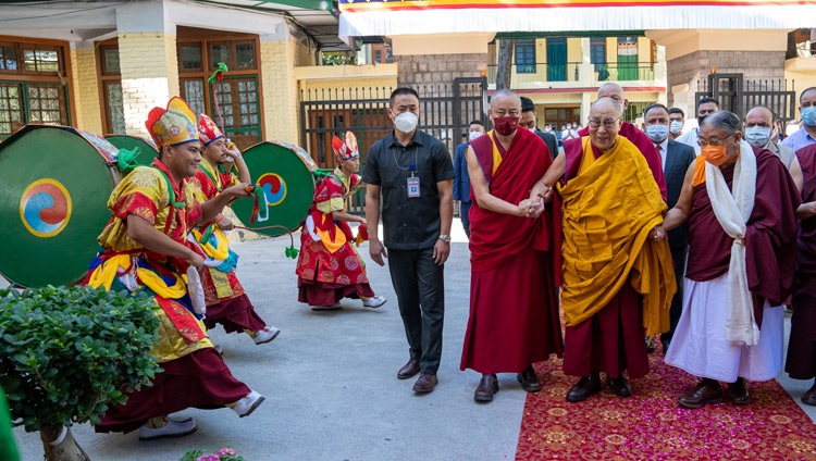 His Holiness the Dalai Lama being escorted to the Main Tibetan Temple for a Long Life Offering presented by members of the Sakya Tradition of Tibetan Buddhism in Dharamsala, HP, India on May 25, 2022. Photo by Tenzin Choejor His Holiness the Dalai Lama being escorted to the Main Tibetan Temple for a Long Life Offering presented by members of the Sakya Tradition of Tibetan Buddhism in Dharamsala, HP, India on May 25, 2022. Photo by Tenzin Choejor