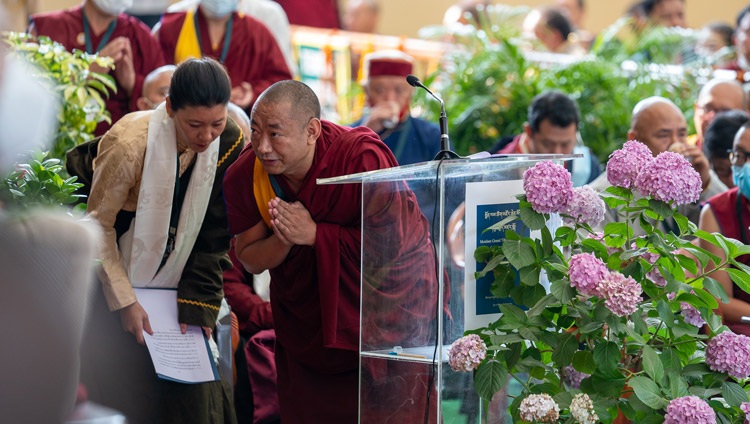 Venerable Lobsang Monlam paying his respects to His Holiness the Dalai Lama after delivering his remarks at the launch of the Monlam Grand Tibetan Dictionary at the Main Tibetan Temple in Dharamsala, HP, India on May 27, 2022. Photo by Tenzin Choejor Venerable Lobsang Monlam paying his respects to His Holiness the Dalai Lama after delivering his remarks at the launch of the Monlam Grand Tibetan Dictionary at the Main Tibetan Temple in Dharamsala, HP, India on May 27, 2022. Photo by Tenzin Choejor
