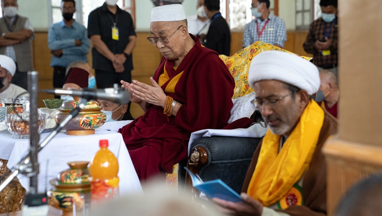 His Holiness the Dalai Lama joining in prayers at Anjuman-e-Imamia, the Shia Mosque in Leh, Ladakh, UT, India on July 23, 2022. Photo by Tenzin Choejor