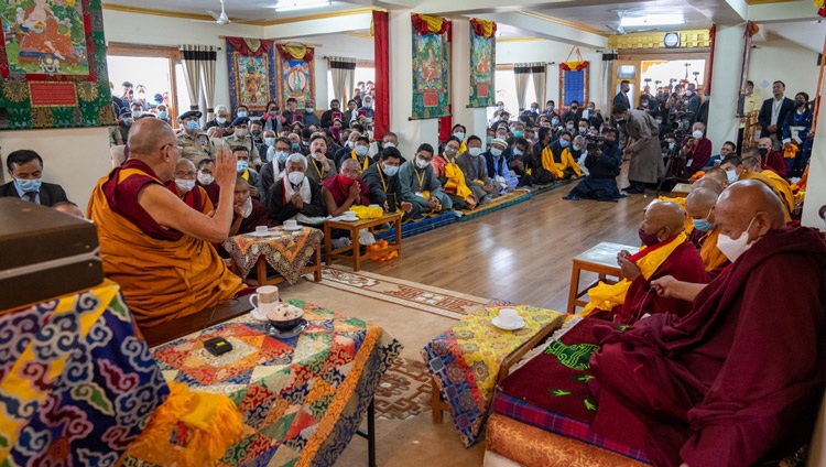 His Holiness the Dalai Lama speaking to dignitaries gathered to greet him on his arrival at Shewatsel Phodrang in Leh, Ladakh, India on July 15, 2022. Photo by Tenzin Choejor His Holiness the Dalai Lama speaking to dignitaries gathered to greet him on his arrival at Shewatsel Phodrang in Leh, Ladakh, India on July 15, 2022. Photo by Tenzin Choejor