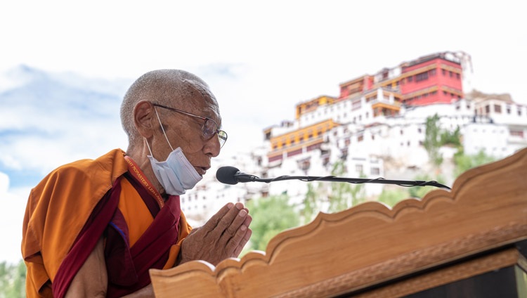 Thiksey Rinpoché delivering his welcoming address at the start of His Holiness the Dalai Lama's talk to students at the teaching ground at the Library and Learning Centre at Tiksey Monastery in Leh, Ladakh, UT, India on July 25, 2022. Photo by Tenzin Choejor Thiksey Rinpoché delivering his welcoming address at the start of His Holiness the Dalai Lama's talk to students at the teaching ground at the Library and Learning Centre at Tiksey Monastery in Leh, Ladakh, UT, India on July 25, 2022. Photo by Tenzin Choejor