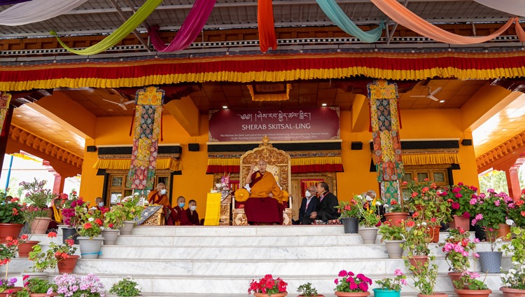 His Holiness the Dalai Lama addressing the gathering at the teaching ground at the Library and Learning Centre at Tiksey Monastery in Leh, Ladakh, UT, India on July 25, 2022. Photo by Tenzin Choejor His Holiness the Dalai Lama addressing the gathering at the teaching ground at the Library and Learning Centre at Tiksey Monastery in Leh, Ladakh, UT, India on July 25, 2022. Photo by Tenzin Choejor