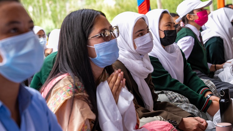 Some of the more than 3000 students from 15 schools listening to His Holiness the Dalai Lama speaking at the teaching ground at the Library and Learning Centre at Tiksey Monastery in Leh, Ladakh, UT, India on July 25, 2022. Photo by Tenzin Choejor Some of the more than 3000 students from 15 schools listening to His Holiness the Dalai Lama speaking at the teaching ground at the Library and Learning Centre at Tiksey Monastery in Leh, Ladakh, UT, India on July 25, 2022. Photo by Tenzin Choejor