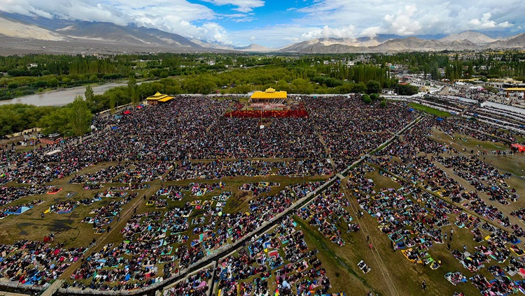 An view of the more than 70,000 people attending the Avalokiteshvara Empowement at the Shewatsel Teaching Ground in Leh, Ladakh, UT, India on July 30, 2022. Drone photo courtesy Ladakh Police An view of the more than 70,000 people attending the Avalokiteshvara Empowement at the Shewatsel Teaching Ground in Leh, Ladakh, UT, India on July 30, 2022. Drone photo courtesy Ladakh Police
