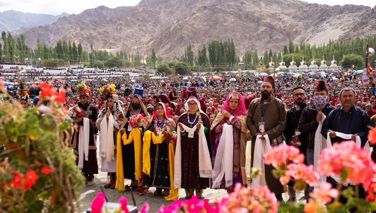 Members of the Ladakhi community performing a song for during the Long Life Offering prayers for His Holiness the Dalai Lama at the Shewatsel Teaching Ground in Leh, Ladakh, UT, India on July 30, 2022. Photo by Tenzin Choejor Members of the Ladakhi community performing a song for during the Long Life Offering prayers for His Holiness the Dalai Lama at the Shewatsel Teaching Ground in Leh, Ladakh, UT, India on July 30, 2022. Photo by Tenzin Choejor