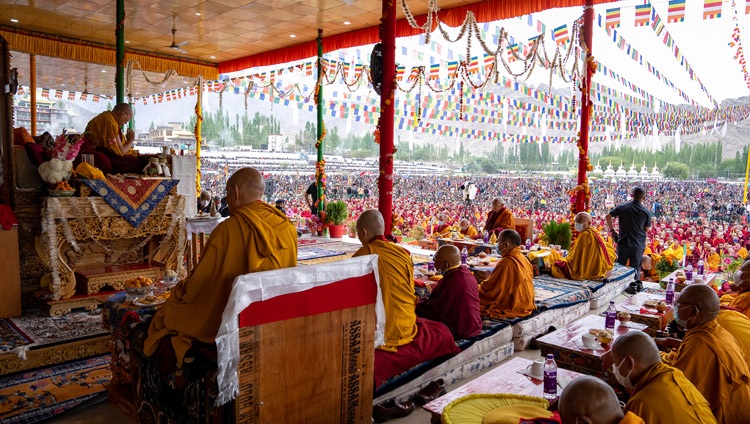 His Holiness the Dalai Lama performing the necessary procedures prior to bestowing the empowerment of Avalokiteshvara at the Shewatsel Teaching Ground in Leh, Ladakh, UT, India on July 30, 2022. Photo by Tenzin Choejor His Holiness the Dalai Lama performing the necessary procedures prior to bestowing the empowerment of Avalokiteshvara at the Shewatsel Teaching Ground in Leh, Ladakh, UT, India on July 30, 2022. Photo by Tenzin Choejor