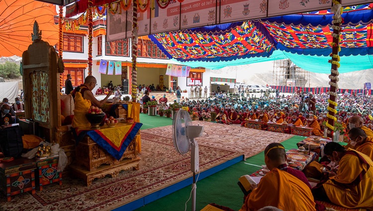 His Holiness the Dalai Lama teaching on ‘Eight Verses for Training the Mind’ to the gathering at the ground beside Lingshed Monastery in Lingshed, Leh District, UT, Ladakh on August 10, 2022. Photo by Tenzin Choejor His Holiness the Dalai Lama teaching on ‘Eight Verses for Training the Mind’ to the gathering at the ground beside Lingshed Monastery in Lingshed, Leh District, UT, Ladakh on August 10, 2022. Photo by Tenzin Choejor