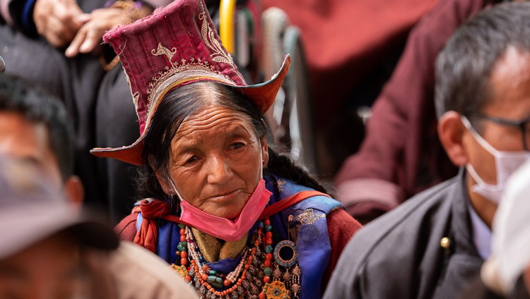 A member of the audience estimated at 3000 listening to His Holiness the Dalai Lama during his teaching in Lingshed, Leh District, UT, Ladakh on August 10, 2022. Photo by Tenzin Choejor A member of the audience estimated at 3000 listening to His Holiness the Dalai Lama during his teaching in Lingshed, Leh District, UT, Ladakh on August 10, 2022. Photo by Tenzin Choejor