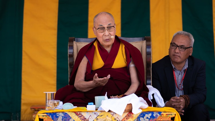 His Holiness the Dalai Lama addressing the audience at Sindhu Ghat in Leh, Ladakh, UT, India on August 23, 2022. Photo by Tenzin Choejor His Holiness the Dalai Lama addressing the audience at Sindhu Ghat in Leh, Ladakh, UT, India on August 23, 2022. Photo by Tenzin Choejor
