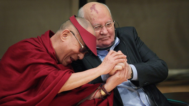 His Holiness the Dalai Lama and former leader of the Soviet Union and Nobel Peace Laureate Mikhail Gorbachev participate in a panel discussion during the 12th World Summit of Nobel Peace Laureates in Chicago, Illinois, USA on April 25th, 2012. His Holiness the Dalai Lama and former leader of the Soviet Union and Nobel Peace Laureate Mikhail Gorbachev participate in a panel discussion during the 12th World Summit of Nobel Peace Laureates in Chicago, Illinois, USA on April 25th, 2012.