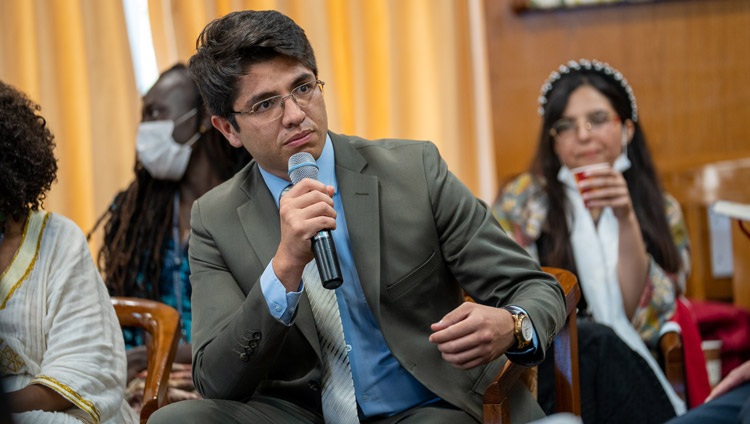 Sebastian from Colombia sharing is story on the first day of dialogue with United States Institute of Peace (USIP) Youth leaders at His Holiness the Dalai Lama's residence in Dharamsala, HP, India on September 22, 2022. Photo by Tenzin Choejor Sebastian from Colombia sharing is story on the first day of dialogue with United States Institute of Peace (USIP) Youth leaders at His Holiness the Dalai Lama's residence in Dharamsala, HP, India on September 22, 2022. Photo by Tenzin Choejor
