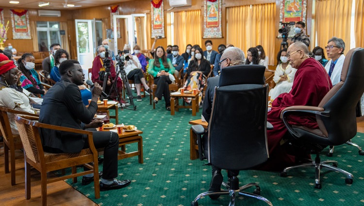 Denis from South Sudan delivering his presentation on the first day of dialogue with United States Institute of Peace (USIP) Youth leaders at His Holiness the Dalai Lama's residence in Dharamsala, HP, India on September 22, 2022. Photo by Tenzin Choejor Denis from South Sudan delivering his presentation on the first day of dialogue with United States Institute of Peace (USIP) Youth leaders at His Holiness the Dalai Lama's residence in Dharamsala, HP, India on September 22, 2022. Photo by Tenzin Choejor