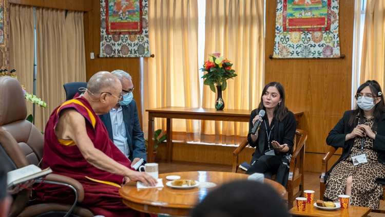 Isabela from Colombia sharing her story on the second day of the dialogue with His Holiness the Dalai Lama and United States Insitute of Peace (USIP) youth leaders in Dharamsala, HP, India on September 23, 2022. Photo by Tenzin Choejor Isabela from Colombia sharing her story on the second day of the dialogue with His Holiness the Dalai Lama and United States Insitute of Peace (USIP) youth leaders in Dharamsala, HP, India on September 23, 2022. Photo by Tenzin Choejor
