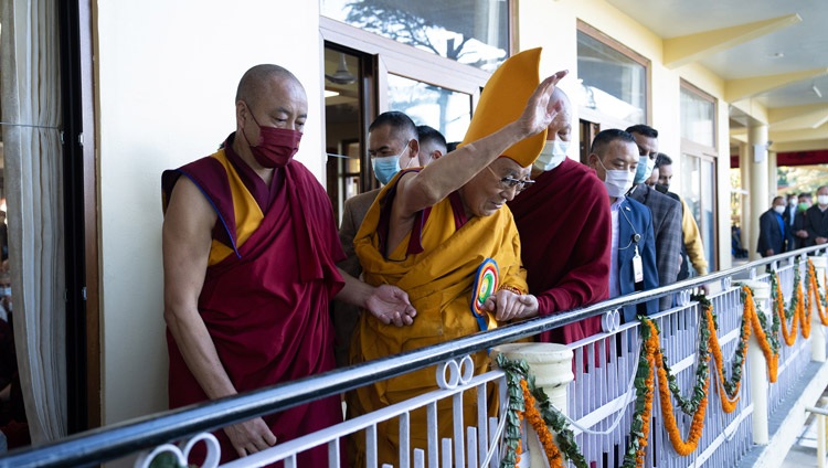 His Holiness the Dalai Lama waving to members of the public on the street below on his way to the Main Tibetan Temple to attend a Long Life Prayer in Dharamsala, HP, India on October 26, 2022. Photo by Tenzin Choejor His Holiness the Dalai Lama waving to members of the public on the street below on his way to the Main Tibetan Temple to attend a Long Life Prayer in Dharamsala, HP, India on October 26, 2022. Photo by Tenzin Choejor