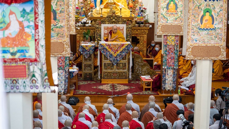 His Holiness the Dalai Lama addressing the Korean monks, nuns and lay-people sitting inside the Main Tibetan Temple on the second day of teachings in Dharamsala, HP, India on November 26, 2022. Photo by Tenzin Choejor His Holiness the Dalai Lama addressing the Korean monks, nuns and lay-people sitting inside the Main Tibetan Temple on the second day of teachings in Dharamsala, HP, India on November 26, 2022. Photo by Tenzin Choejor