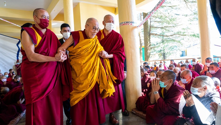 His Holiness the Dalai Lama greeting members of the crowd as he departs at the conclusion of the second day of teachings at the Main Tibetan Temple in Dharamsala, HP, India on November 26, 2022. Photo by Tenzin Choejor His Holiness the Dalai Lama greeting members of the crowd as he departs at the conclusion of the second day of teachings at the Main Tibetan Temple in Dharamsala, HP, India on November 26, 2022. Photo by Tenzin Choejor