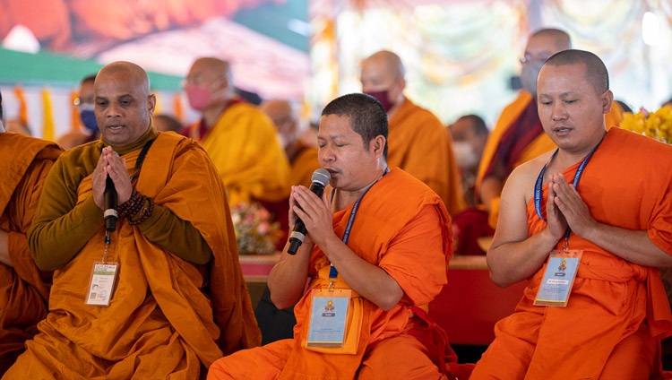 Theravada monks chanting the ‘Karuniya Metta Sutta’ in Pali at the start of the first day of His Holiness the Dalai Lama's teaching at the Kalachakra Teaching Ground in Bodhgaya, Bihar, India on December 29, 2022. Photo by Tenzin Choejor Theravada monks chanting the ‘Karuniya Metta Sutta’ in Pali at the start of the first day of His Holiness the Dalai Lama's teaching at the Kalachakra Teaching Ground in Bodhgaya, Bihar, India on December 29, 2022. Photo by Tenzin Choejor