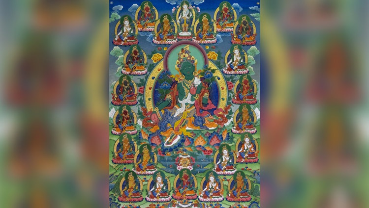 Depiction of the 21 Taras that accords with the textual description starting at the bottom, with the red Tara, and proceeding clockwise. Depiction of the 21 Taras that accords with the textual description starting at the bottom, with the red Tara, and proceeding clockwise.