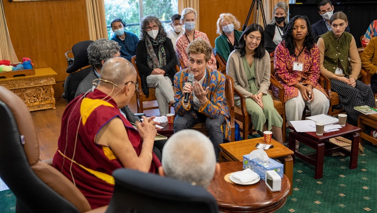 Ronan from Ireland sharing his story with His Holiness the Dalai Lama on the second day of the Compassionate Leadership Summit at his residence in Dharamsala, HP, India on October 19, 2022. Photo by Tenzin Choejor Ronan from Ireland sharing his story with His Holiness the Dalai Lama on the second day of the Compassionate Leadership Summit at his residence in Dharamsala, HP, India on October 19, 2022. Photo by Tenzin Choejor