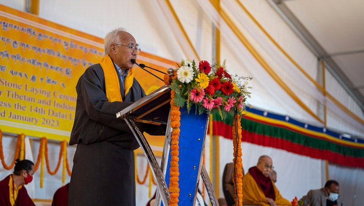 Interim director of the project, Tempa Tsering, welcoming those attending the Foundation Stone Laying Ceremony of the Dalai Lama Centre for Tibetan & Indian Ancient Wisdom in Bodhgaya, Bihar, India on January 3, 2023. Photo by Tenzin Choejor Interim director of the project, Tempa Tsering, welcoming those attending the Foundation Stone Laying Ceremony of the Dalai Lama Centre for Tibetan & Indian Ancient Wisdom in Bodhgaya, Bihar, India on January 3, 2023. Photo by Tenzin Choejor