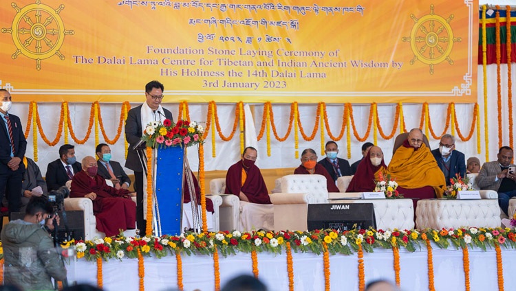 Hon’ble Kiren Rijiju, Minister for Law and Justice in the Central Government addressing the audience at the Foundation Stone Laying Ceremony of the Dalai Lama Centre for Tibetan & Indian Ancient Wisdom in Bodhgaya, Bihar, India on January 3, 2023. Photo by Tenzin Choejor Hon’ble Kiren Rijiju, Minister for Law and Justice in the Central Government addressing the audience at the Foundation Stone Laying Ceremony of the Dalai Lama Centre for Tibetan & Indian Ancient Wisdom in Bodhgaya, Bihar, India on January 3, 2023. Photo by Tenzin Choejor