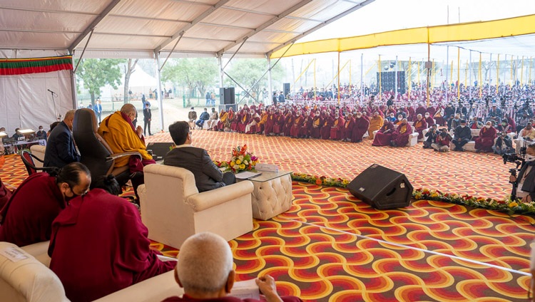 A view from the stage during His Holiness the Dalai Lama's talk at the Foundation Stone Laying Ceremony of the Dalai Lama Centre for Tibetan & Indian Ancient Wisdom in Bodhgaya, Bihar, India on January 3, 2023. Photo by Tenzin Choejor A view from the stage during His Holiness the Dalai Lama's talk at the Foundation Stone Laying Ceremony of the Dalai Lama Centre for Tibetan & Indian Ancient Wisdom in Bodhgaya, Bihar, India on January 3, 2023. Photo by Tenzin Choejor