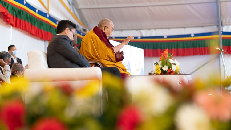 His Holiness the Dalai Lama addressing the gathering at the Foundation Stone Laying Ceremony of the Dalai Lama Centre for Tibetan & Indian Ancient Wisdom in Bodhgaya, Bihar, India on January 3, 2023. Photo by Tenzin Choejor His Holiness the Dalai Lama addressing the gathering at the Foundation Stone Laying Ceremony of the Dalai Lama Centre for Tibetan & Indian Ancient Wisdom in Bodhgaya, Bihar, India on January 3, 2023. Photo by Tenzin Choejor