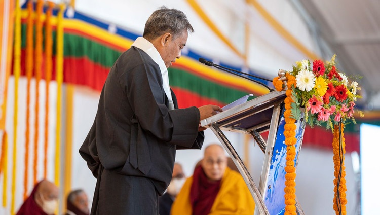 Karma Chungdak offering words of thanks at the conclusion of the Foundation Stone Laying Ceremony of the Dalai Lama Centre for Tibetan & Indian Ancient Wisdom in Bodhgaya, Bihar, India on January 3, 2023. Photo by Tenzin Choejor Karma Chungdak offering words of thanks at the conclusion of the Foundation Stone Laying Ceremony of the Dalai Lama Centre for Tibetan & Indian Ancient Wisdom in Bodhgaya, Bihar, India on January 3, 2023. Photo by Tenzin Choejor