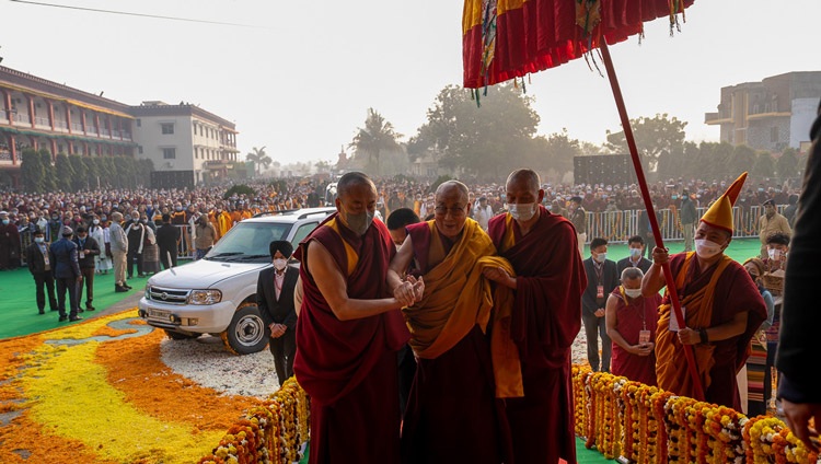 His Holiness the Dalai Lama arriving at Palyul Namdroling Monastery in Bodhgaya, Bihar, India to attend Long Life Prayers offered by members of the Nyingma Tradition on January 18, 2023. Photo by Tenzin Choejor His Holiness the Dalai Lama arriving at Palyul Namdroling Monastery in Bodhgaya, Bihar, India to attend Long Life Prayers offered by members of the Nyingma Tradition on January 18, 2023. Photo by Tenzin Choejor