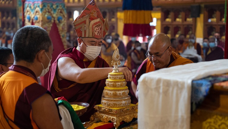 Shechen Rabjam Rinpoché offering a mandala to His Holiness the Dalai Lama during the Long Life Prayers offered by members of the Nyingma Tradition at Palyul Namdroling Monastery in Bodhgaya, Bihar, India on January 18, 2023. Photo by Tenzin Choejor Shechen Rabjam Rinpoché offering a mandala to His Holiness the Dalai Lama during the Long Life Prayers offered by members of the Nyingma Tradition at Palyul Namdroling Monastery in Bodhgaya, Bihar, India on January 18, 2023. Photo by Tenzin Choejor