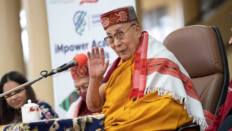 His Holiness the Dalai Lama wearing a traditional Himachali cap and shawl offered to him by the Chairman of M3M at the start of their meeting in the courtyard of the Main Tibetan Temple in Dharamsala, HP, India on February 28, 2023. Photo by Tenzin Choejor His Holiness the Dalai Lama wearing a traditional Himachali cap and shawl offered to him by the Chairman of M3M at the start of their meeting in the courtyard of the Main Tibetan Temple in Dharamsala, HP, India on February 28, 2023. Photo by Tenzin Choejor