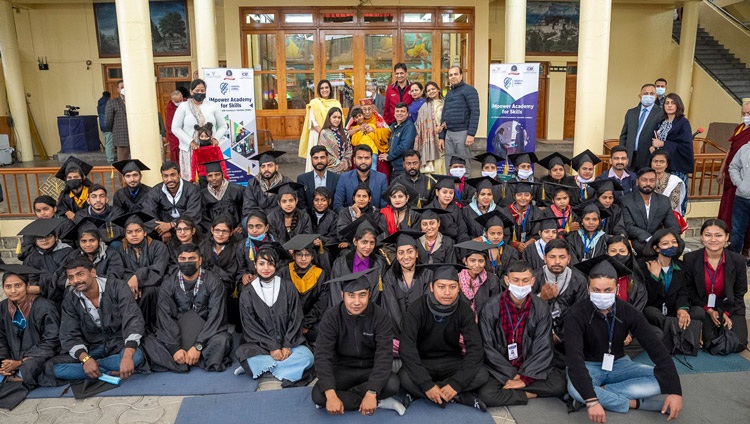 Members of the audience posing for a group photo with His Holiness the Dalai Lama at the end of the program in the courtyard of the Main Tibetan Temple in Dharamsala, HP, India on February 28, 2023. Photo by Tenzin Choejor Members of the audience posing for a group photo with His Holiness the Dalai Lama at the end of the program in the courtyard of the Main Tibetan Temple in Dharamsala, HP, India on February 28, 2023. Photo by Tenzin Choejor