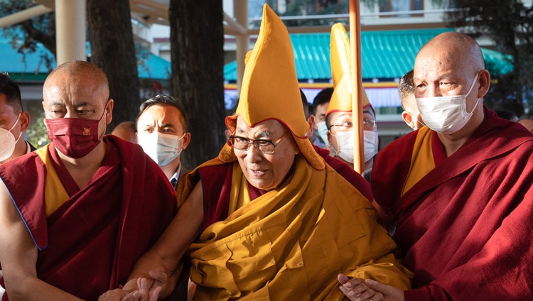 His Holiness the Dalai Lama arriving at the yard of the Tsuglagkhang in Dharamsala, HP, India to read a Jataka Tale on March 7, 2023. Photo by Tenzin Choejor His Holiness the Dalai Lama arriving at the yard of the Tsuglagkhang in Dharamsala, HP, India to read a Jataka Tale on March 7, 2023. Photo by Tenzin Choejor