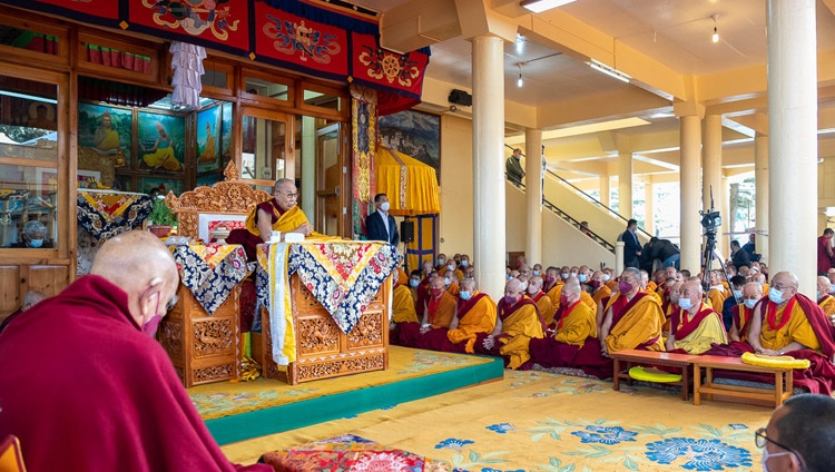His Holiness the Dalai Lama addressing the congregation gathered to hear him read from the Jataka Tales at the yard of the Tsuglagkhang in Dharamsala, HP, India on March 7, 2023. Photo by Tenzin Choejor His Holiness the Dalai Lama addressing the congregation gathered to hear him read from the Jataka Tales at the yard of the Tsuglagkhang in Dharamsala, HP, India on March 7, 2023. Photo by Tenzin Choejor