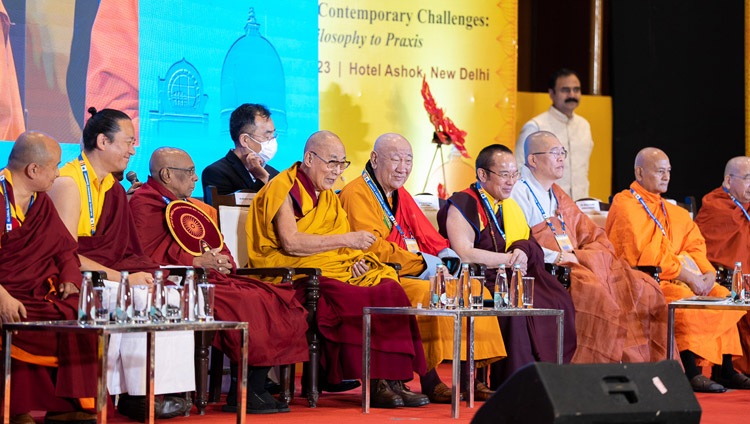 His Holiness the Dalai Lama addressing the congregation at the Global Buddhist Summit 2023 at the Ashok Hotel in New Delhi, India on April 21, 2023. Photo by Tenzin Choejor His Holiness the Dalai Lama addressing the congregation at the Global Buddhist Summit 2023 at the Ashok Hotel in New Delhi, India on April 21, 2023. Photo by Tenzin Choejor