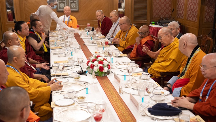 His Holiness the Dalai Lama joining the Heads of International Buddhist Delegations to the Global Buddhist Summit 2023 for lunch at the Ashok Hotel in New Delhi, India on April 21, 2023. Photo by Tenzin Choejor His Holiness the Dalai Lama joining the Heads of International Buddhist Delegations to the Global Buddhist Summit 2023 for lunch at the Ashok Hotel in New Delhi, India on April 21, 2023. Photo by Tenzin Choejor