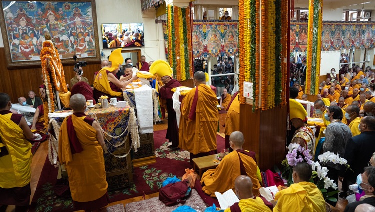 Members of the Preservation of the Mahayana Tradition (FPMT) presenting offerings to His Holiness the Dalai Lama during the Long Life Offering Ceremony at the Main Tibetan Temple in Dharamsala, HP, India on May 24, 2023. Photo by Tenzin Choejor Members of the Preservation of the Mahayana Tradition (FPMT) presenting offerings to His Holiness the Dalai Lama during the Long Life Offering Ceremony at the Main Tibetan Temple in Dharamsala, HP, India on May 24, 2023. Photo by Tenzin Choejor