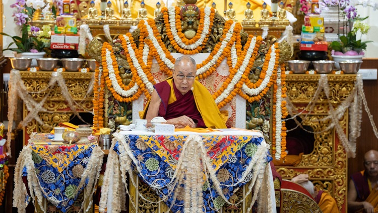 His Holiness the Dalai Lama addressing the congregation during the Long Life Prayer offered to him by the Foundation for the Preservation of the Mahayana Tradition (FPMT) at the Main Tibetan Temple in Dharamsala, HP, India on May 24, 2023. Photo by Tenzin Choejor His Holiness the Dalai Lama addressing the congregation during the Long Life Prayer offered to him by the Foundation for the Preservation of the Mahayana Tradition (FPMT) at the Main Tibetan Temple in Dharamsala, HP, India on May 24, 2023. Photo by Tenzin Choejor