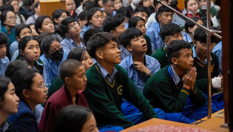 Students in the Main Tibetan Temple listening to His Holiness the Dalai Lama on the first day of his teachings for Tibetan Youth at the Main Tibetan Temple in Dharamsala, HP, India on May 30, 2023. Photo by Tenzin Choejor Students in the Main Tibetan Temple listening to His Holiness the Dalai Lama on the first day of his teachings for Tibetan Youth at the Main Tibetan Temple in Dharamsala, HP, India on May 30, 2023. Photo by Tenzin Choejor