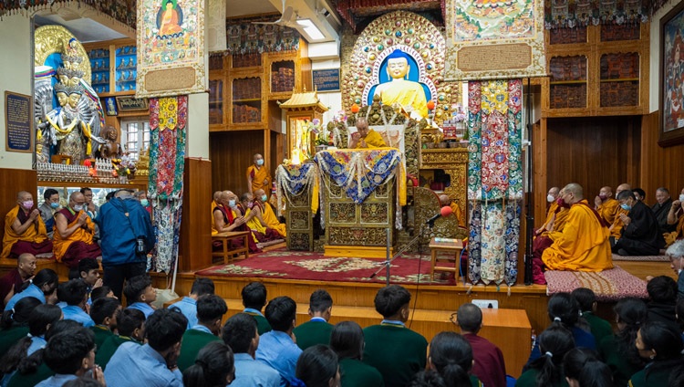 His Holiness the Dalai Lama addressing the congregation on the first day of his teachings for Tibetan Youth at the Main Tibetan Temple in Dharamsala, HP, India on May 30, 2023. Photo by Tenzin Choejor His Holiness the Dalai Lama addressing the congregation on the first day of his teachings for Tibetan Youth at the Main Tibetan Temple in Dharamsala, HP, India on May 30, 2023. Photo by Tenzin Choejor