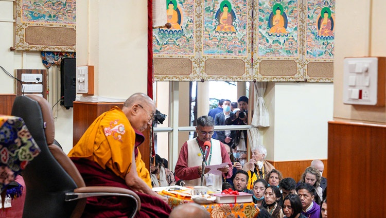 Mr Deepesh Thakkar, Chief Coordinator of the Nalanda Courses, speaking at the the meeting with His Holiness the Dalai Lama and participants in Tibet House's Nalanda Courses at the Main Tibetan Temple in Dharamsala, HP, India on June 2, 2023. Photo by Ven Tenzin Jamphel Mr Deepesh Thakkar, Chief Coordinator of the Nalanda Courses, speaking at the the meeting with His Holiness the Dalai Lama and participants in Tibet House's Nalanda Courses at the Main Tibetan Temple in Dharamsala, HP, India on June 2, 2023. Photo by Ven Tenzin Jamphel