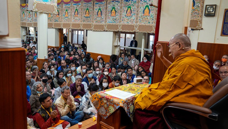 His Holiness the Dalai Lama speaking at the meeting with participants in Tibet House's Nalanda Courses at the Main Tibetan Temple in Dharamsala, HP, India on June 2, 2023. Photo by Ven Tenzin Jamphel His Holiness the Dalai Lama speaking at the meeting with participants in Tibet House's Nalanda Courses at the Main Tibetan Temple in Dharamsala, HP, India on June 2, 2023. Photo by Ven Tenzin Jamphel