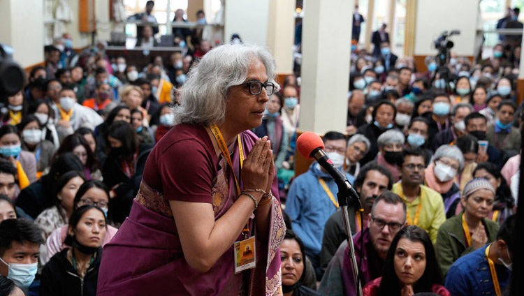 A member of the audience asking His Holiness the Dalai Lama a question during the meeting with participants in Tibet House's Nalanda Courses at the Main Tibetan Temple in Dharamsala, HP, India on June 2, 2023. Photo by Ven Tenzin Jamphel A member of the audience asking His Holiness the Dalai Lama a question during the meeting with participants in Tibet House's Nalanda Courses at the Main Tibetan Temple in Dharamsala, HP, India on June 2, 2023. Photo by Ven Tenzin Jamphel
