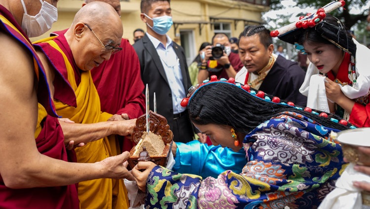 His Holiness the Dalai Lama being presented with the traditional ‘Chema Changphu’ on his arrival at the Main Tibetan Temple courtyard to attend celebrations to mark his 88th birthday in Dharamsala, HP, India on July 6, 2023. Photo by Tenzin Choejor His Holiness the Dalai Lama being presented with the traditional ‘Chema Changphu’ on his arrival at the Main Tibetan Temple courtyard to attend celebrations to mark his 88th birthday in Dharamsala, HP, India on July 6, 2023. Photo by Tenzin Choejor