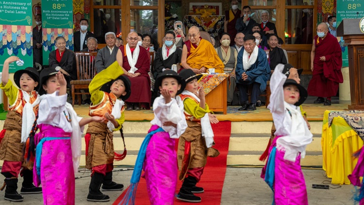 Children from the TCV Day School in McLeod Ganj performing during the celebrations marking His Holiness the Dalai Lama's 88th birthday at the Main Tibetan Temple courtyard in Dharamsala, HP, India on July 6, 2023. Photo by Tenzin Choejor Children from the TCV Day School in McLeod Ganj performing during the celebrations marking His Holiness the Dalai Lama's 88th birthday at the Main Tibetan Temple courtyard in Dharamsala, HP, India on July 6, 2023. Photo by Tenzin Choejor